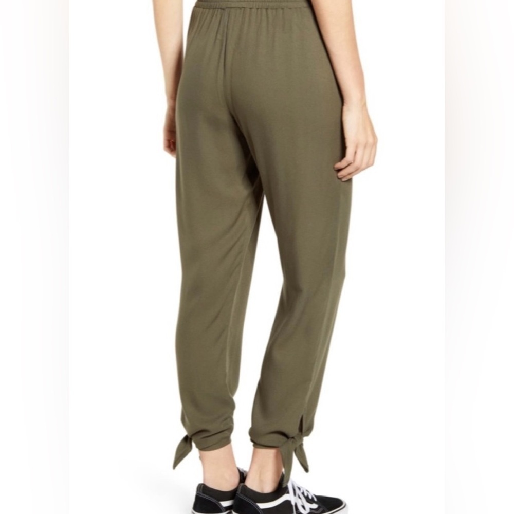 Joggers Paper Bag Waist with Elastic Pockets Side Ankle Tie Olive Green Casual - Picture 2 of 9